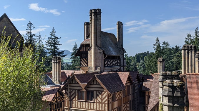 A view of the roof on Cragside House with 'terracotta' tiles and decorative towering chimneys